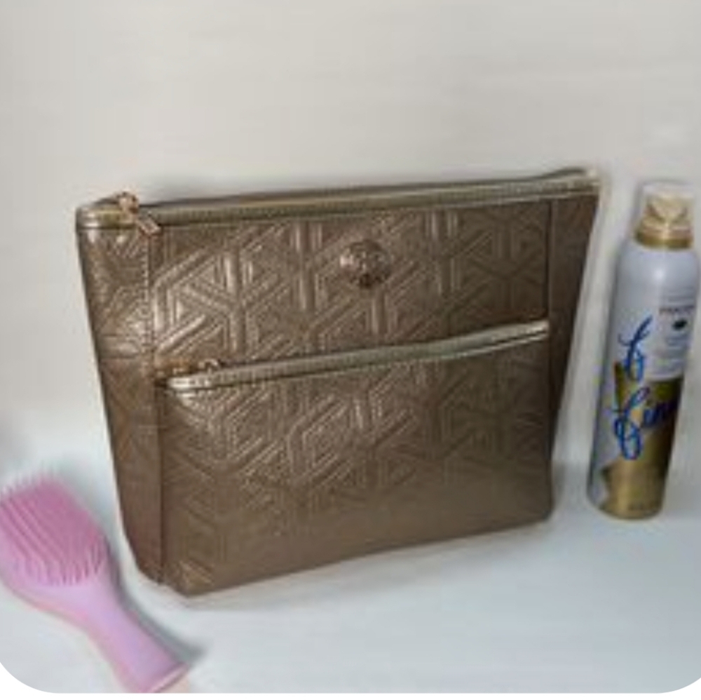 Rebecca & Rifka Gold Quilted Geo Cosmetics Toiletry Bag W/ 2 Bottles NWT
